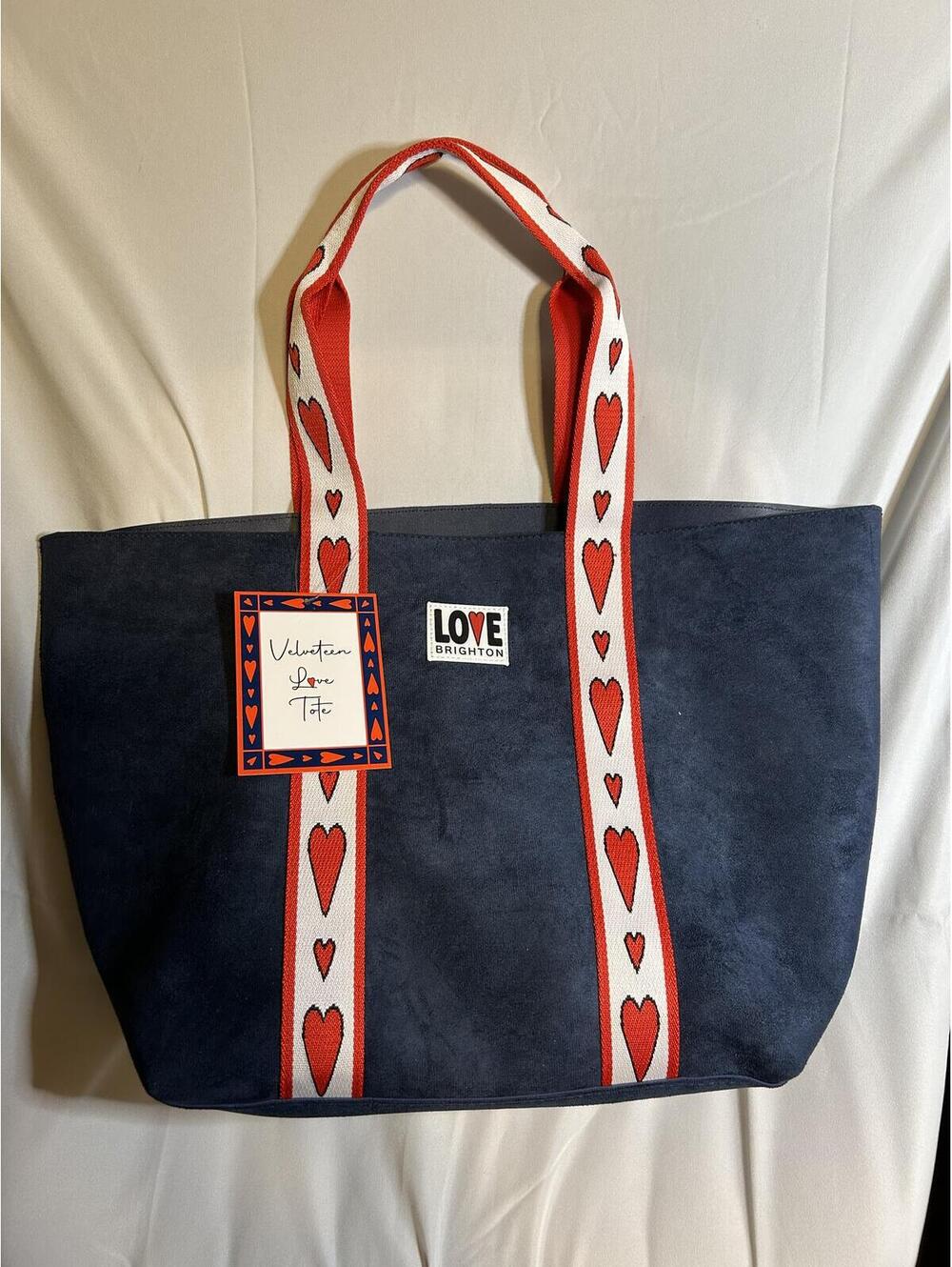 Brighton LOVE Velveteen Tote Navy Red Heart Straps Shoulder Bag NWT